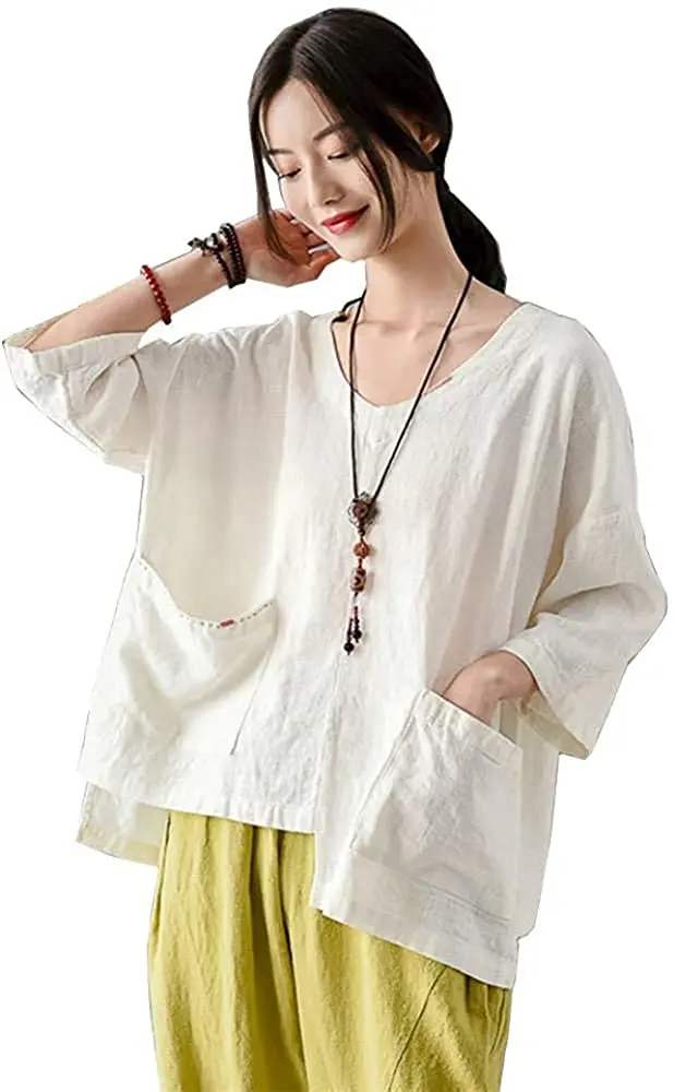 Shanghai Story Women Cotton Linen Casual Loose Shirt Solid 3/4 Sleeve Blouse Tops with Pocket 2 Color