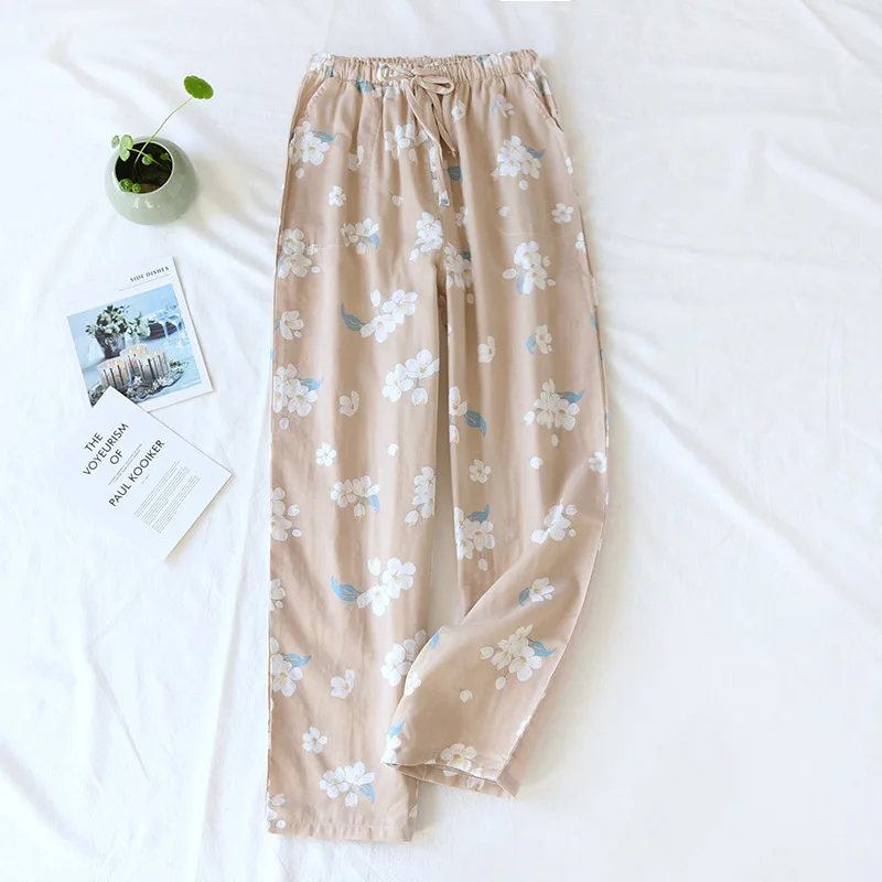 Women Summer Thin Sleep Bottoms 100% Cotton Floral Printing Loungewear Double Layer Gauze Home Pants Elastic Waist Sleep Wear