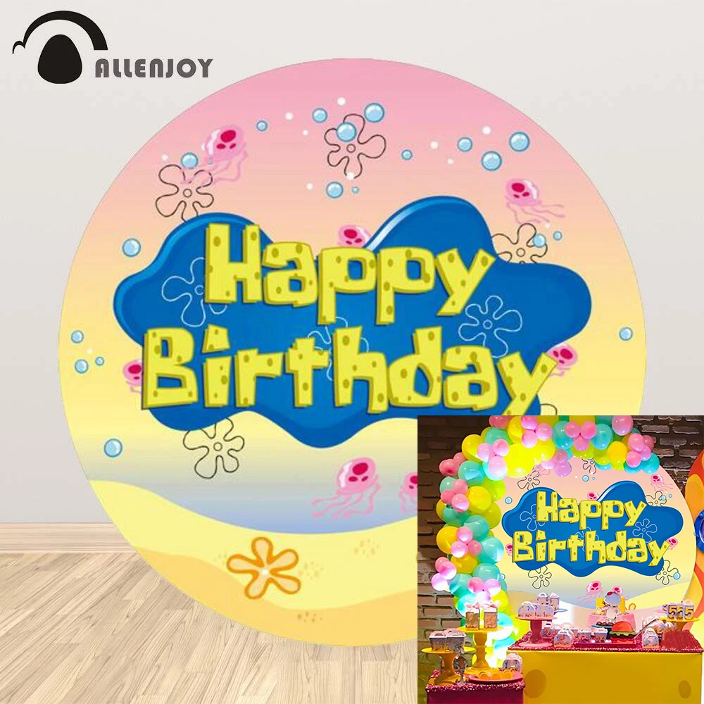 Allenjoy Cartoon Comic Sponge Round Backdrop Cover Bubble Sea Ocean Happy Birthday Photophone Wallpaper Baby Shower Background