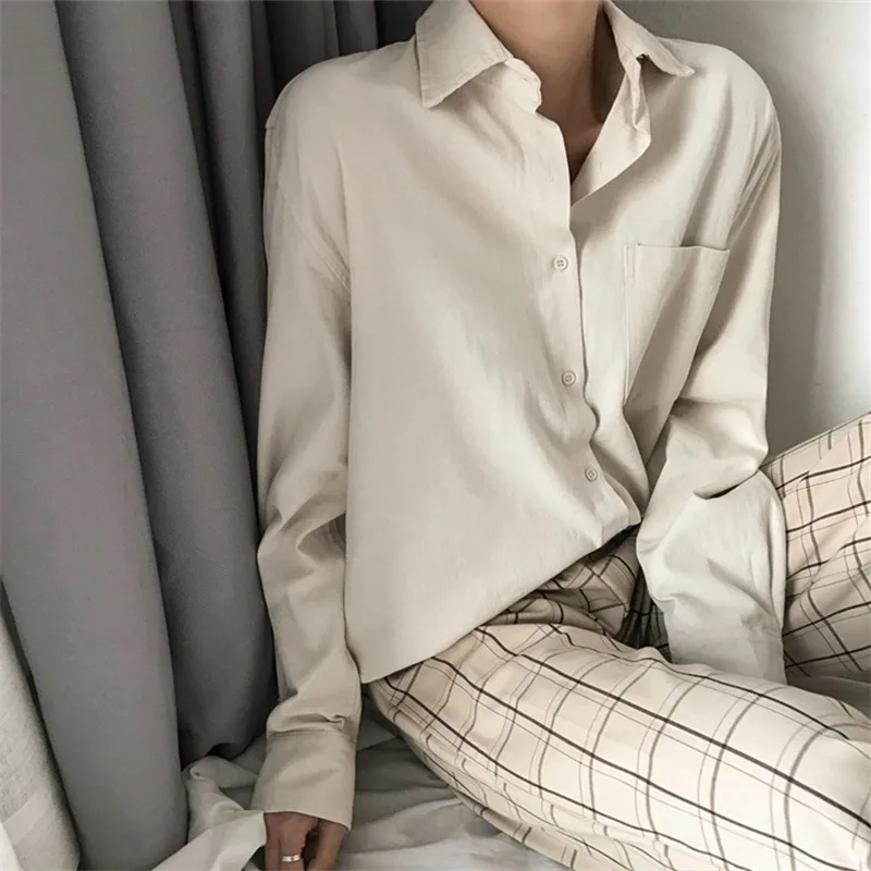 ZHISILAO nowy jednolity luźny bluzka kobiety Cotton Linen urząd Lady beżowy Casual koszule z długim rękawem 2021 topy Streetwear