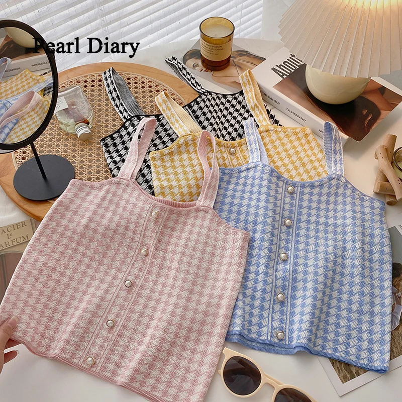 

Pearl Diary Women Summer Strappy Houndstooth Pattern Crop Tops Pearl Buttons Front Sleeveless Crop Tops Korean Style Sweet Tops