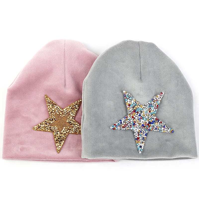 Geebro Autumn Winter Soft Thicker Velvet Newborn Baby Boys Girls Hats Beanie Infant Cute Rhinestones Star Hats Cap Newbron Gift