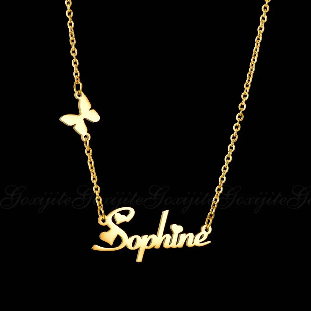 Goxijite Fashion Custom Stainless Steel Name Necklace With Butterfly For Women Personalized Letter Gold Color Necklace Gift