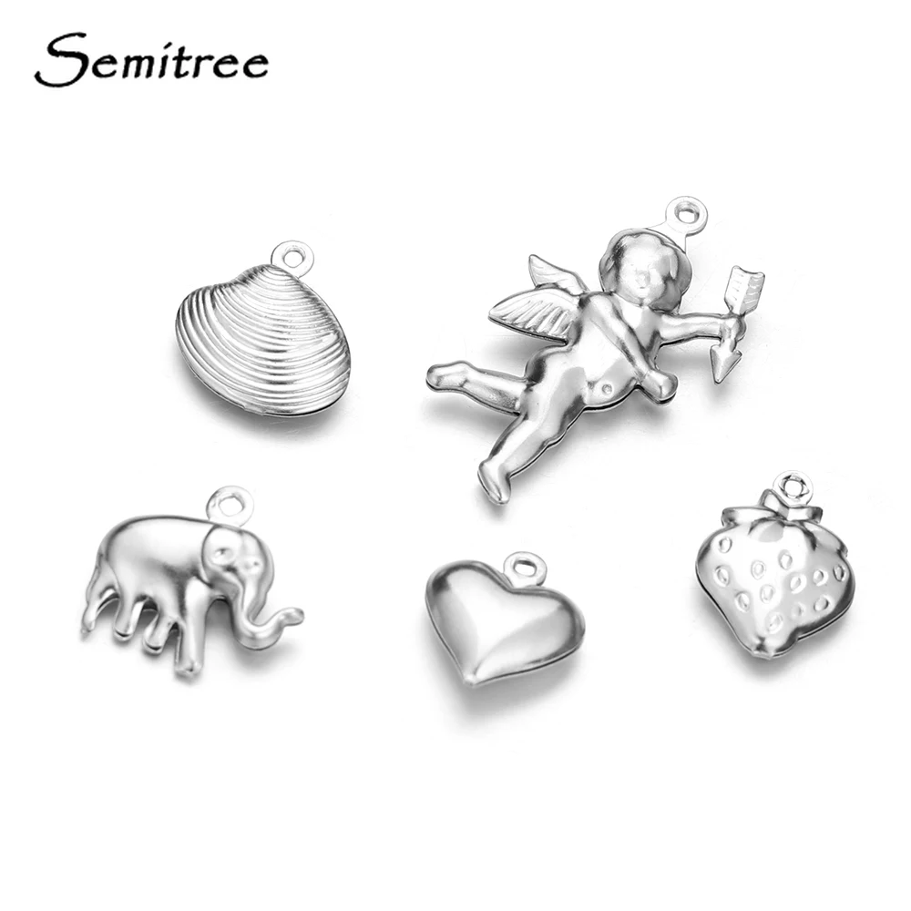 Semitree 10pcs Stainless Steel Hollow Shell Heart Elephant Angel Charms Bracelets Necklace Making DIY Jewelry Making Supplies