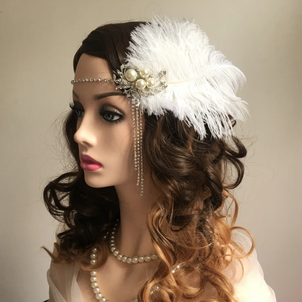 Women Vintage Feather Headband White Rhinestone 	Pearls Hair Band 1920s Gatsby Party Headpiece Forehead Decorations