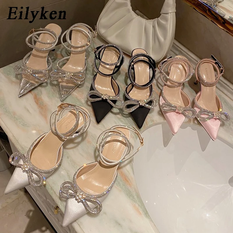 Eilyken Style Glitter Rhinestones Silk Transparent Pumps Women Crystal Bowknot Satin High Heels Party Prom Stripper Shoes