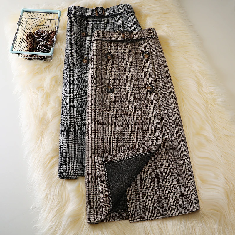 

Autumn winter woolen mid-length plaid skirt women new retro high waist split A-line skirt