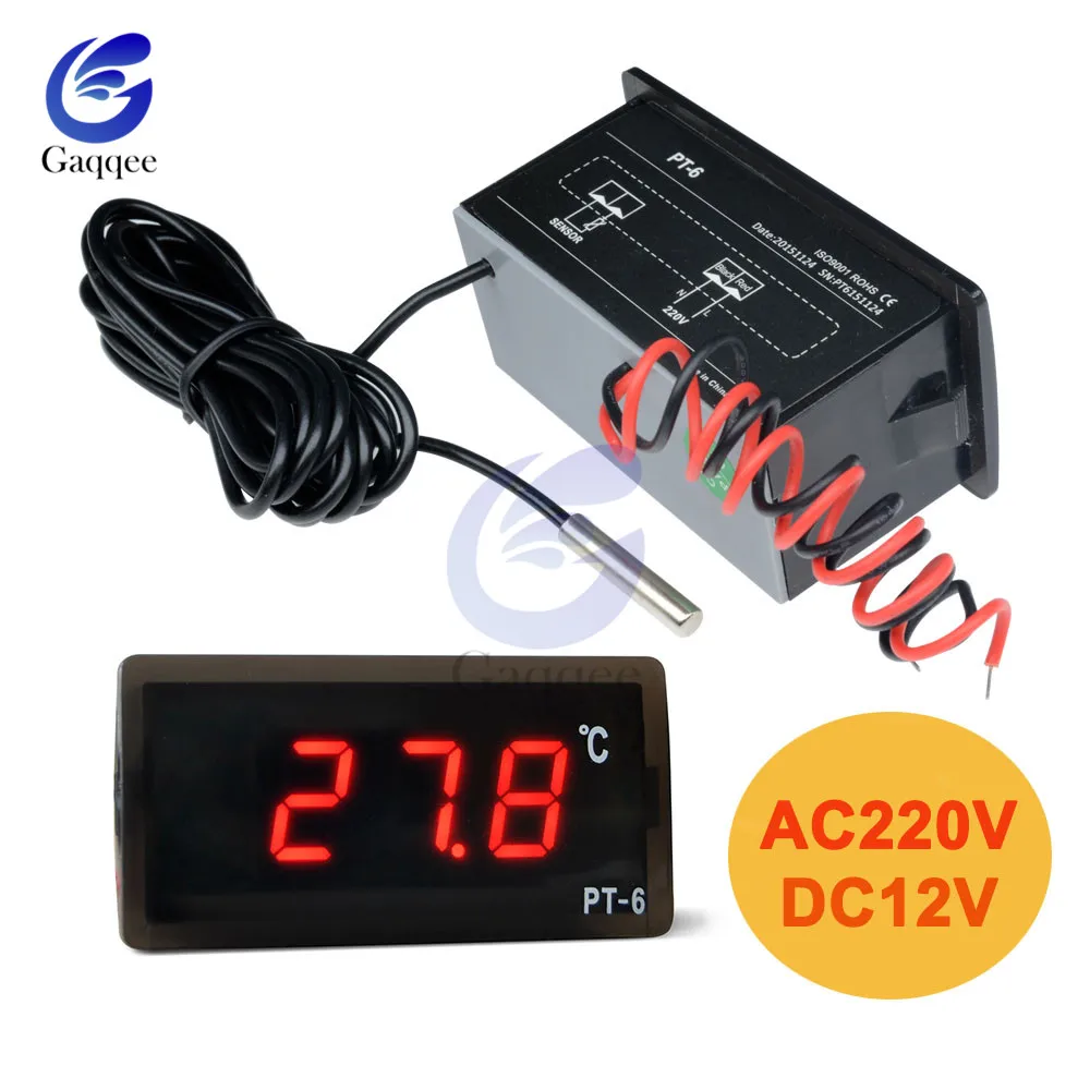 PT-6 -40~110C Digital Car Thermometer Vehicle Temperature Meter Monitor AC 220V DC 12V Automotive Thermometer with NTC Sensor