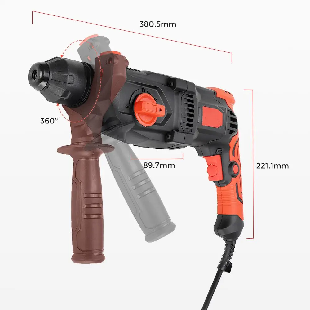 1050Rpm 5200Bpm Multifunctional Rotary Hammer 1/2Inch Electric Demolition Hammer Impact Drill for Wood Steel Concrete Power Tool