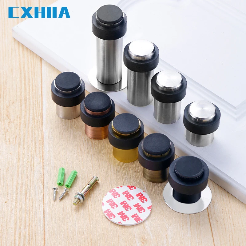 CXHIIA Rubber Anti Collision Door Stop Punch Free Stainless Steel Round Safe Household Ground Mounted Cylindrical