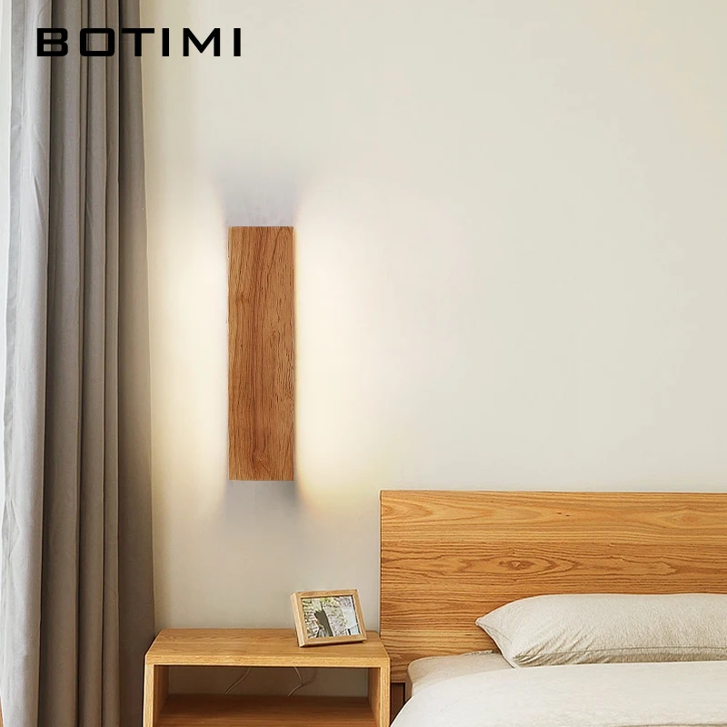 Nature Wood 220V 230V LED Wall Lamp Wooden Bedside Bedroom Luminaire Rectangle Wooden Sconce Reading Light Hotel Project Lights