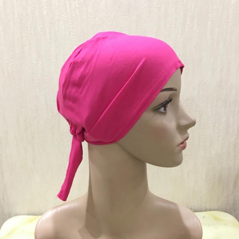H048 Plain Cotton Tie Back Hats Muslim Turban Pure Color Stretch Inner Hijabs Underscarf Women Head Scarf Under Hijab Bonnet