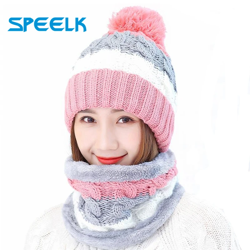 

New Winter Women's Velvet Wool Hats Twist Color Matching Beanies Skullies Female Riding Bib Knitted Caps Sets Wholesale