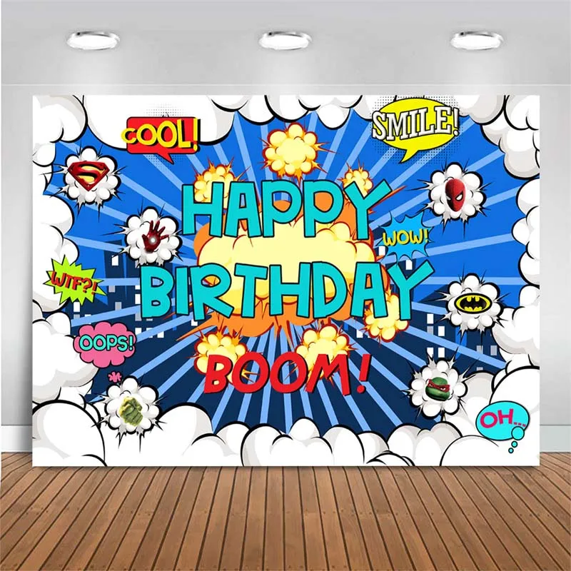 

Kids Birthday Party Backdrop Cartoon HappyBirthday Photo Background Newborn Superhero Baby Shower Customize Photography Backdrop