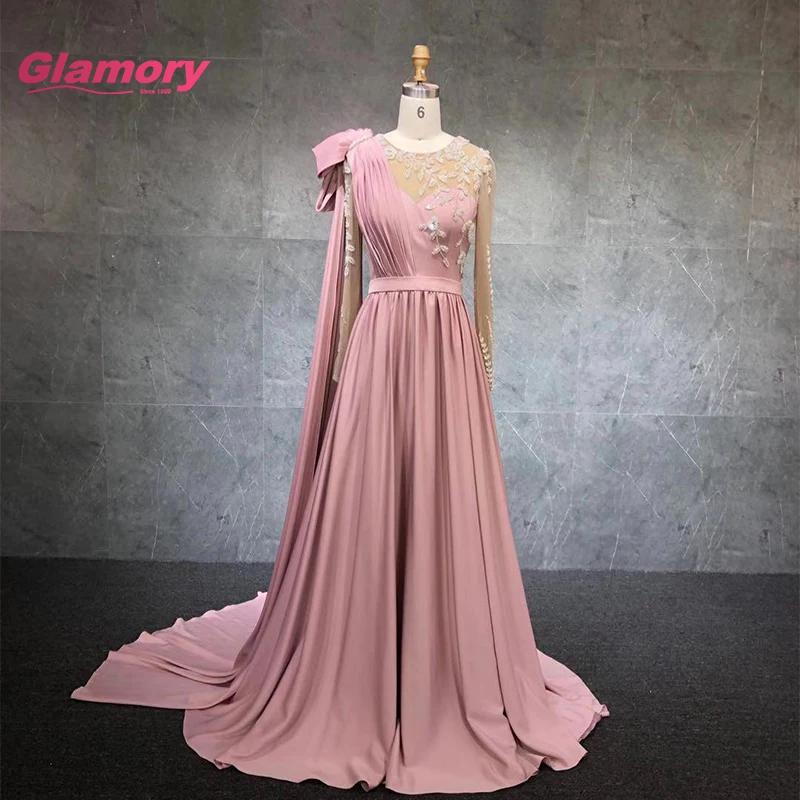 Morandi Blue Long Sleeves Chiffon Beaded Applique Shoulder Bow Shawl Sexy Evening Gown