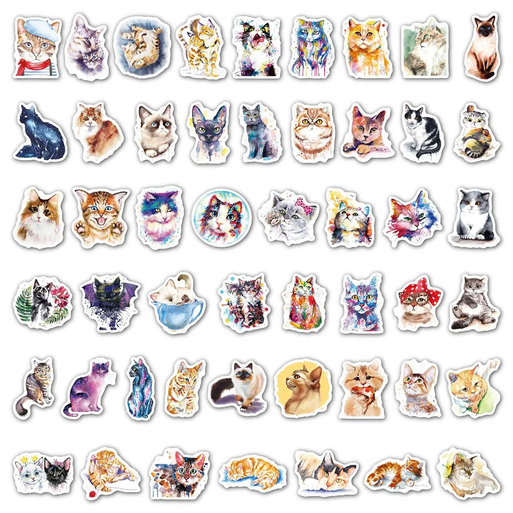 10/30/50PCS Cute Cartoon Watercolor Painting Cat Sticker Bike Travel Luggage Laptop Cartoon Sticker Decals for Kid Gift