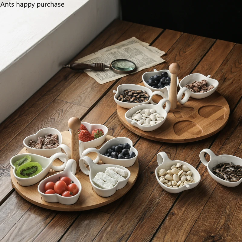 Home Ceramics Dried Fruit Plate White Apple/heart-shaped/small Fish Five Grid Snack Bowl Snack Platter Rotatable Wooden Base