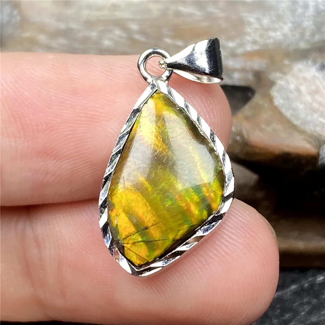 Natural Yellow Ammonite Ammolite Crystal Pendant For Woman Men Healing Gift 18x12mm Beads Beauty Gemstone SilverJewelry AAAAA