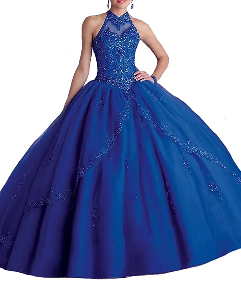 Azul real meninas doce 16 quinceanera vestidos halter rendas apliques vestido de baile vestido de baile tule vestido de casamento fiesta