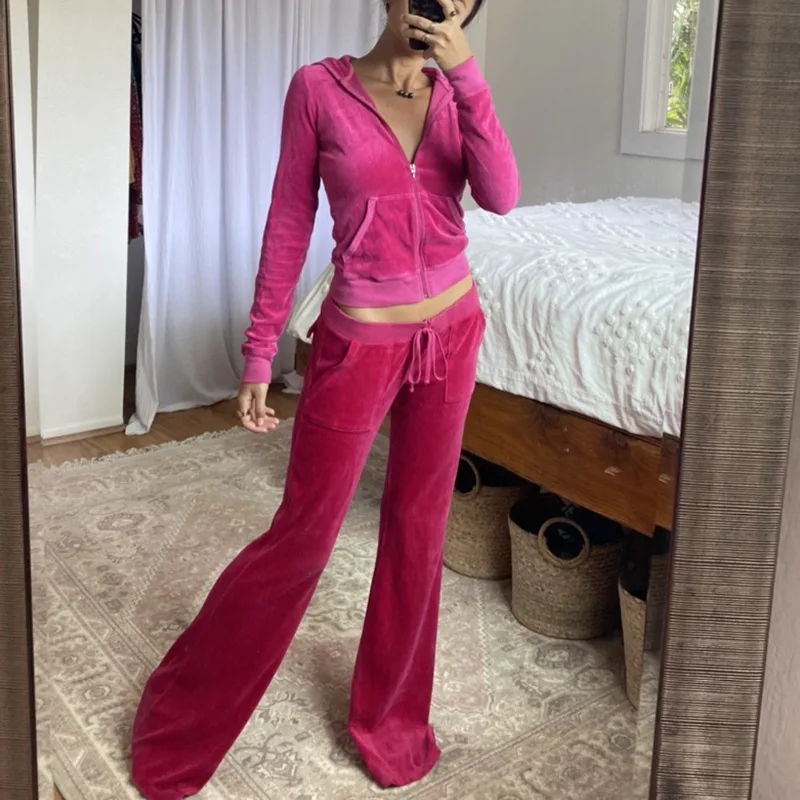 Y2K Aesthetic Velvet Tracksuit Zip Up Cropped Hoodie Jacket and Low Waist Pants Two Piece Sets Outfits Women Autumn Co-ord Suit