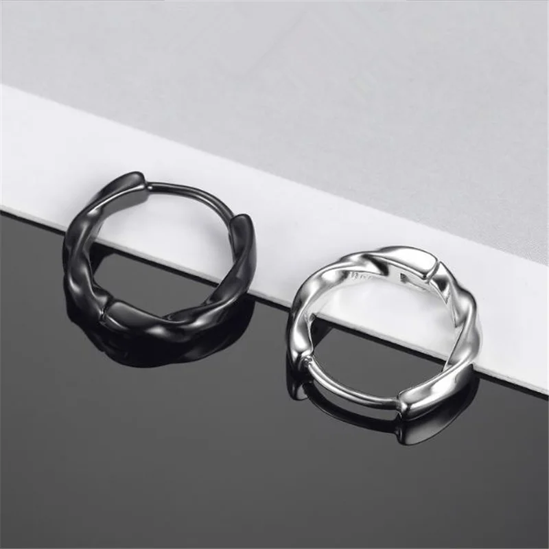 Trendy 925 Sterling Silver Earrings For Men Jewelry Fashion Wave Hoops Earrings Male Female Black White Accessories For Boy Gift