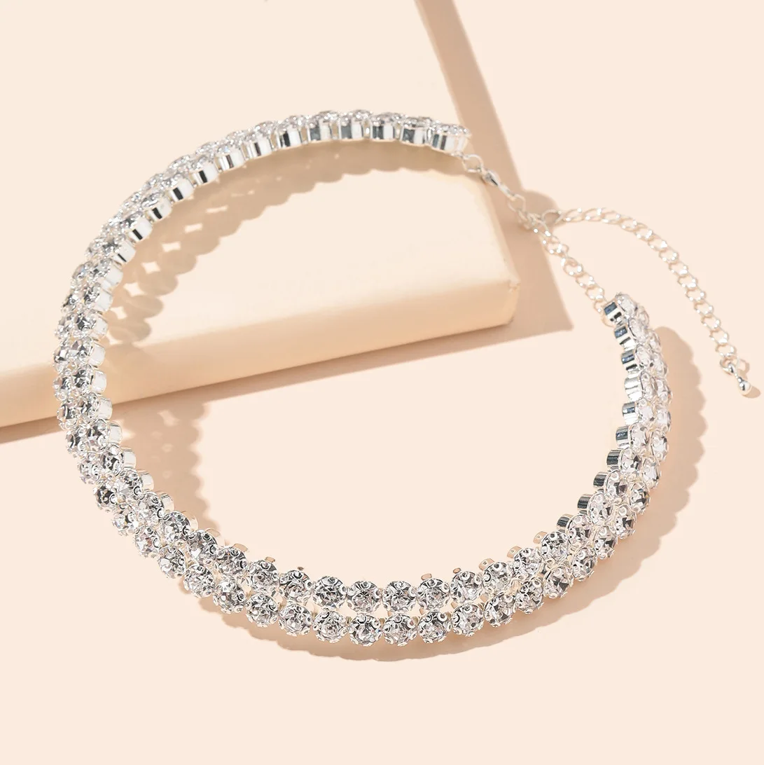 TREAZY New Double-layer Rhinestone Choker Necklace Round Flower Crystal Ins Trendy Neck Jewelry Statement Bridal Wedding Collar