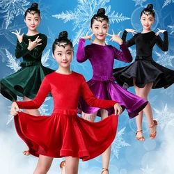 Velvet Long Sleeves Latin Dance Dress For Girls Children Kids Competition Ballroom Tango Salsa Dancewear Practice Wear Cha Cha