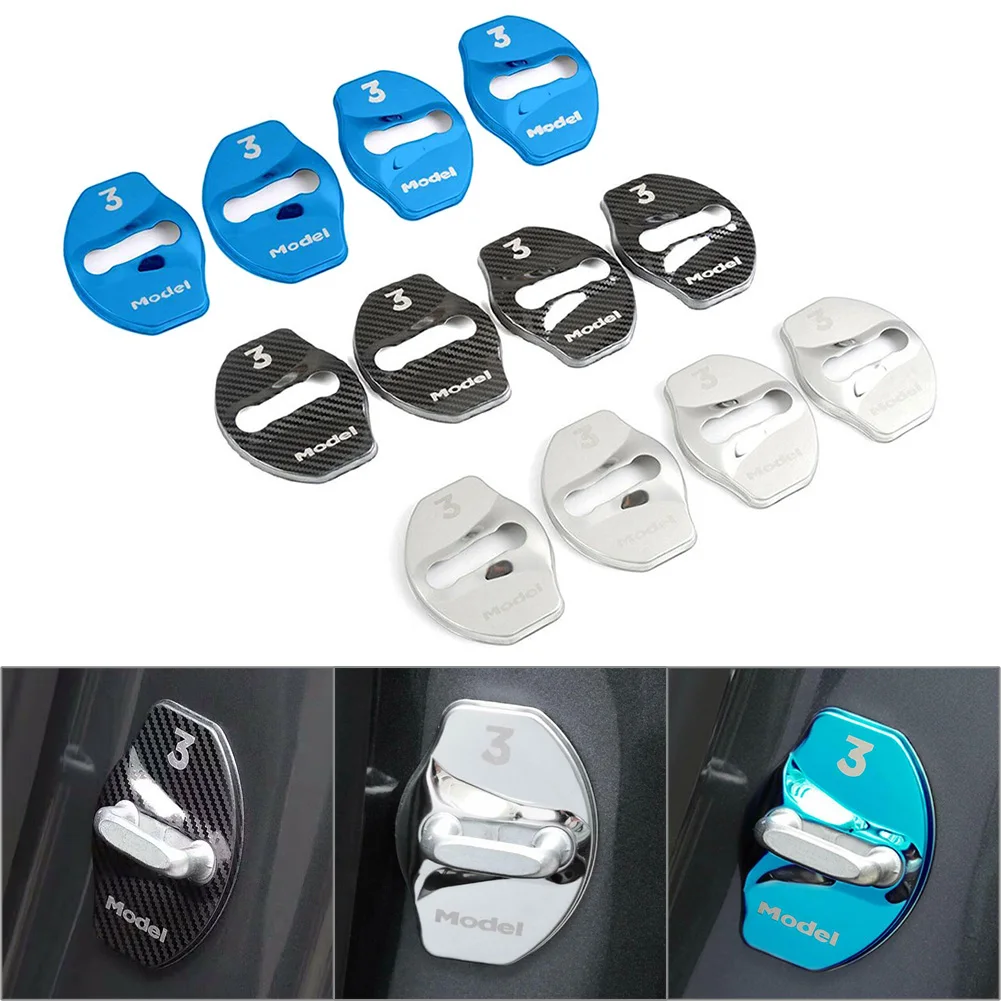 4Pcs/Set Car Carbon Fiber Styling Door Lock Buckle Cover Protective Trim with Logo For Tesla Model 3 2018 2019 2020 2021 LHD