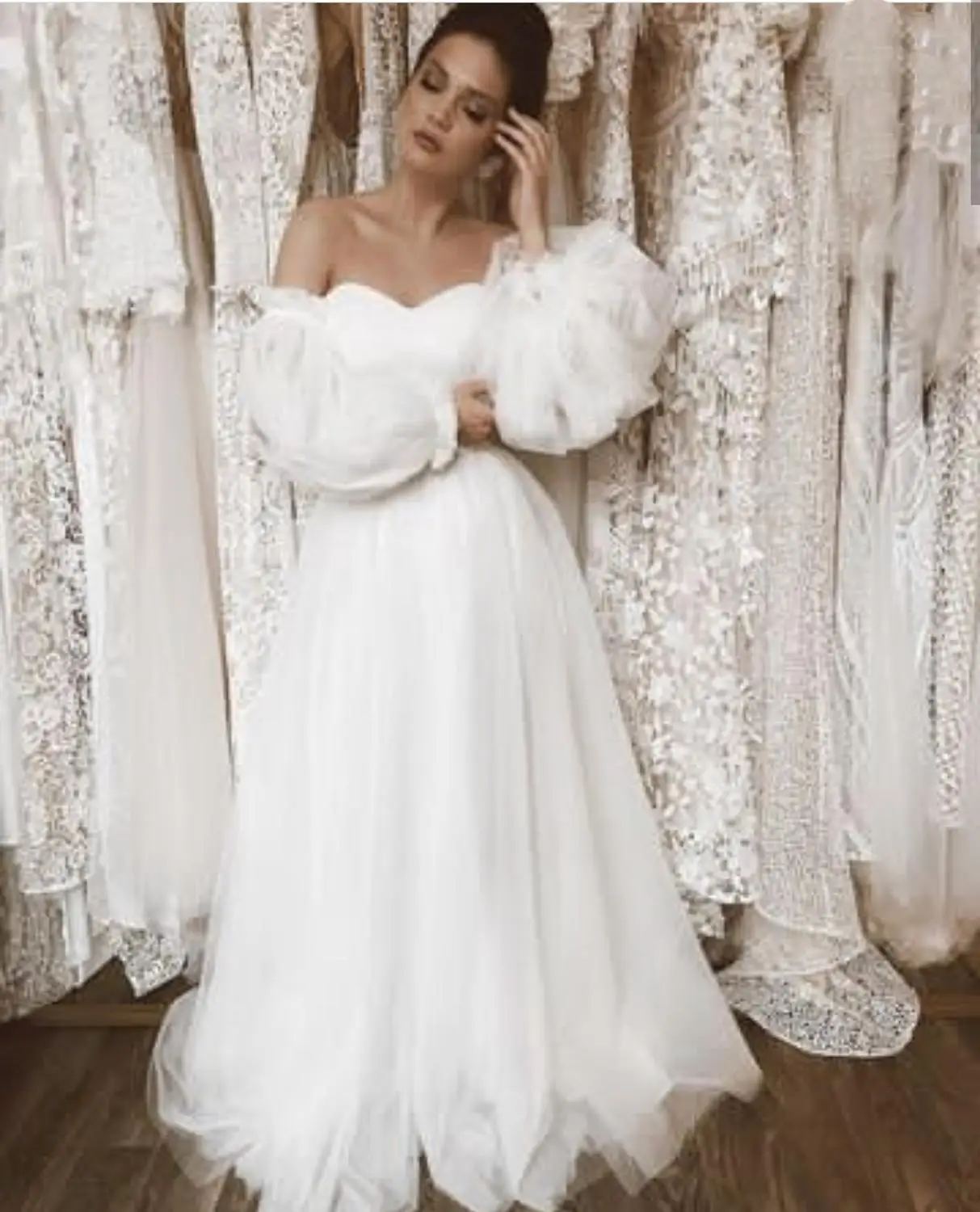 Off Schulter Hochzeit Kleid Langarm Puff Weiß Tüll Bodenlangen Brautkleider Einfache Wunderschöne Robe De Mariee Elegante