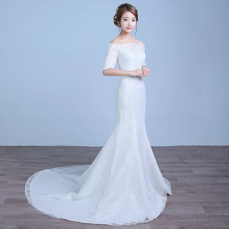 Abito da sposa a sirena romantico bianco rosso con maniche Plus Size abiti da sposa Vintage con spalle scoperte Vestidos De Noiva foto reale