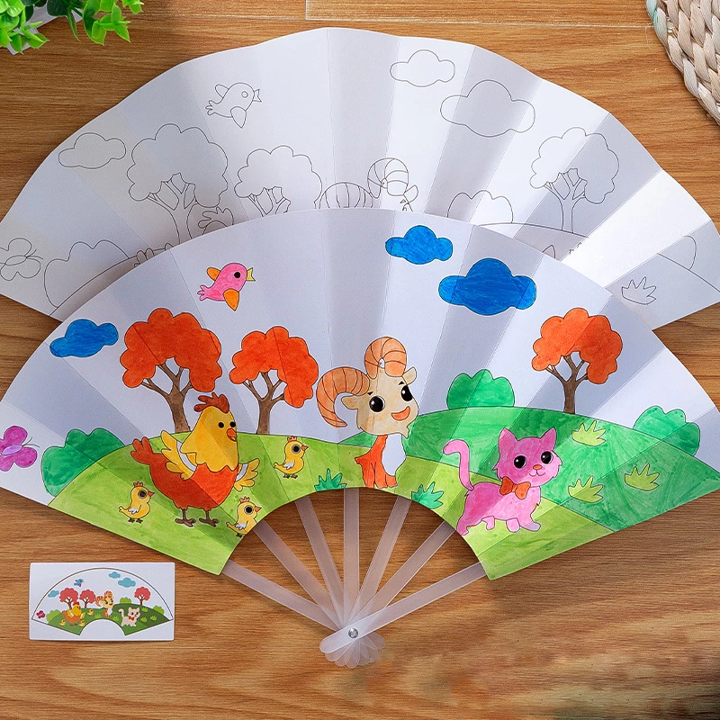 21cm Summer Blank paper fan DIY Painting Toys For Children Cartoon Animal Color Graffiti Origami Fan Art Craft Drawing Toy