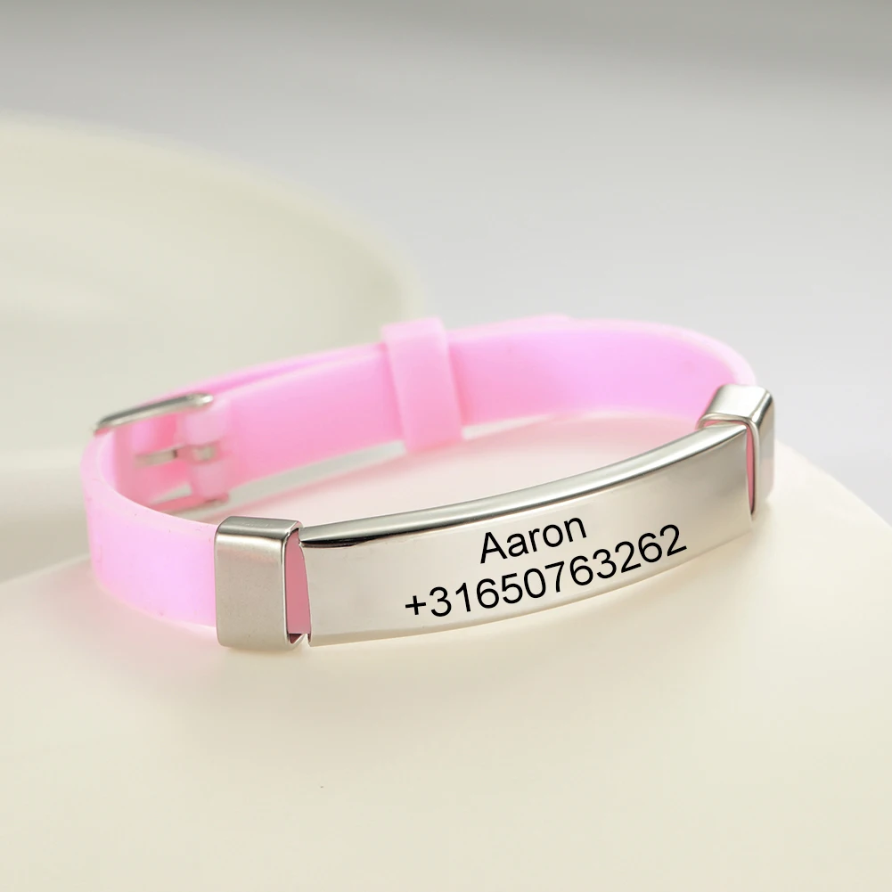 Personalized ID Bracelet Kids Children Adjustable Soft Silicone Stainless Steel Pendant Emergency Name Phone Custom Bracelets