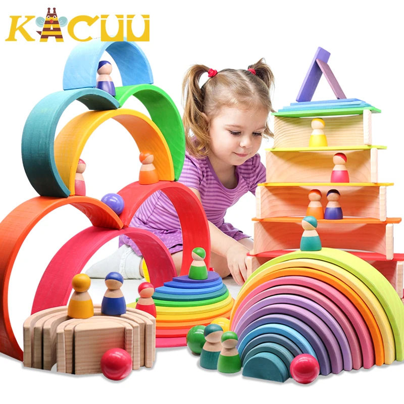 Montessori Wooden Building Blocks Childhood Learning Toy Early Children Baby Rainbow Wooden Blocks Educational Building Toy Gift