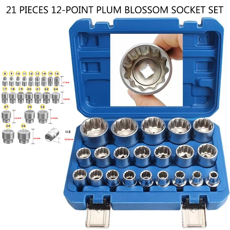 21-Piece Set Of 12-Point Plum Blossom Socket Set 1/2 Inch Small Wind Gun Socket Head 8-36mm Plum Blossom Socket Head Metric