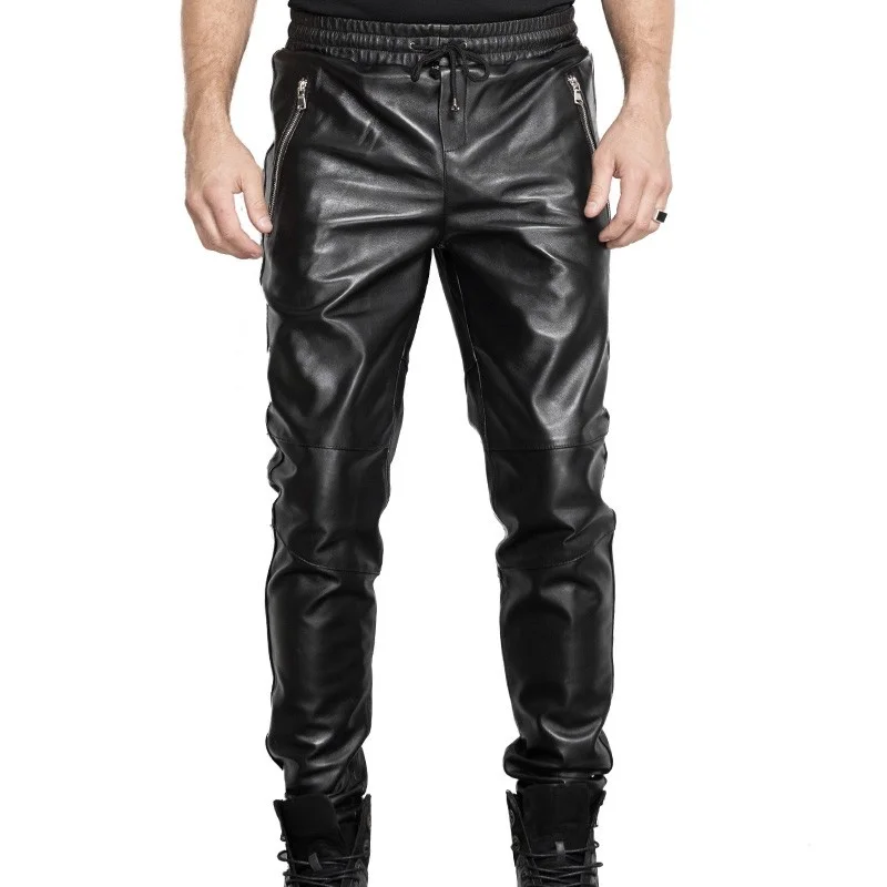 

Quality High Mens Genuine Leather Full Length Trousers Fashion Drawstring Waist Motorcycle Sheepskin Slim Fit Windproof Pants