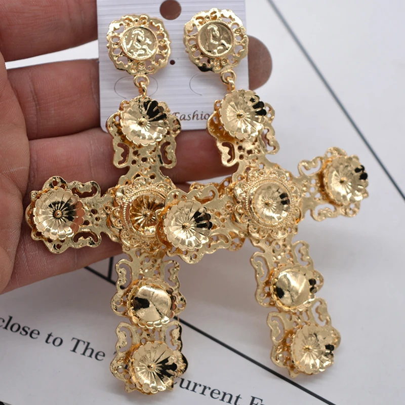 fashion big gold color cross earrings for women pendant  earrings jewel Exaggerated cross Long eardrop