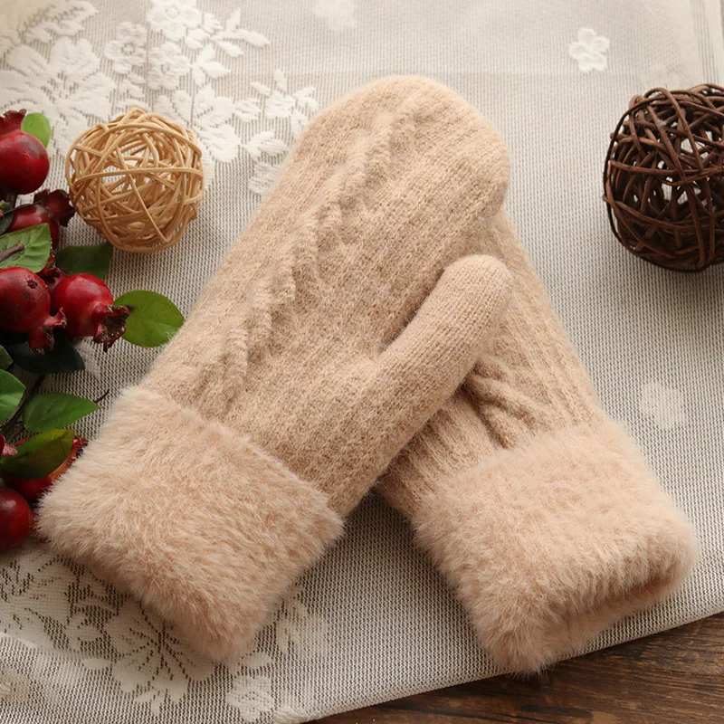 Winter Women Keep Warm Plus Velvet Inside Wrist Thicken Twist Knit Mittens Full Finger Cycling Woolen Gloves Soft Cute Lovely