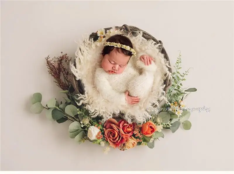 Newborn Photography Props Accessories Simulation Rose Flower Wreath Lintel Rattan Decoration Baby Girl Birthday Photo Background