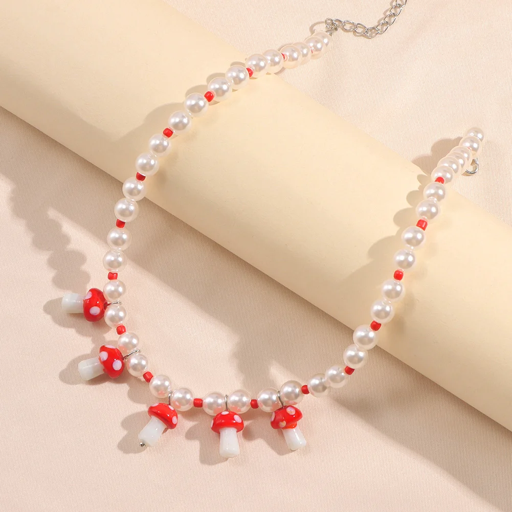 Trendy Female Red Mushroom Choker Beaded Necklace For Women Girl Colorful Cute Charm String Bead Baroque Pearl Necklace Jewelry