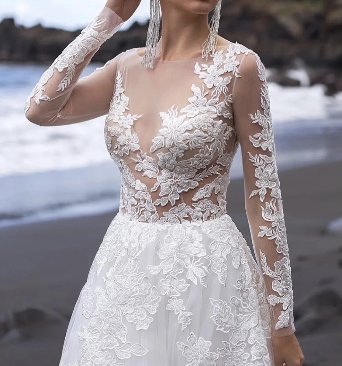 Praia renda vestido de casamento floral a linha mangas compridas até o chão tribunal trem vestido de noiva 2025 plus size noiva vesitdo personalizado