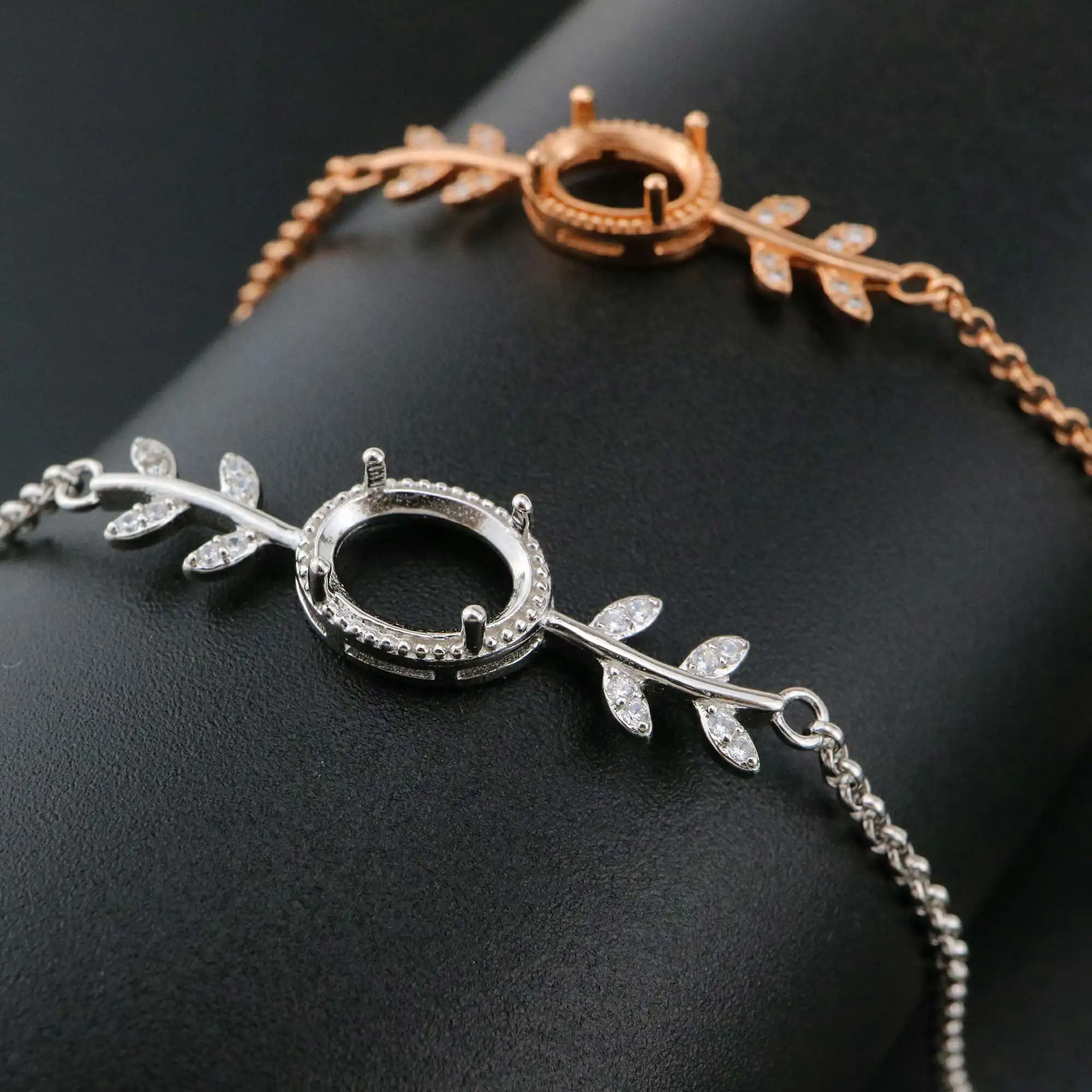 1Pcs Oval Prong Bezel Bracelet Settings Tree Branch Rose Gold Plated Solid 925 Sterling Silver Tray for Gemstone  1900243