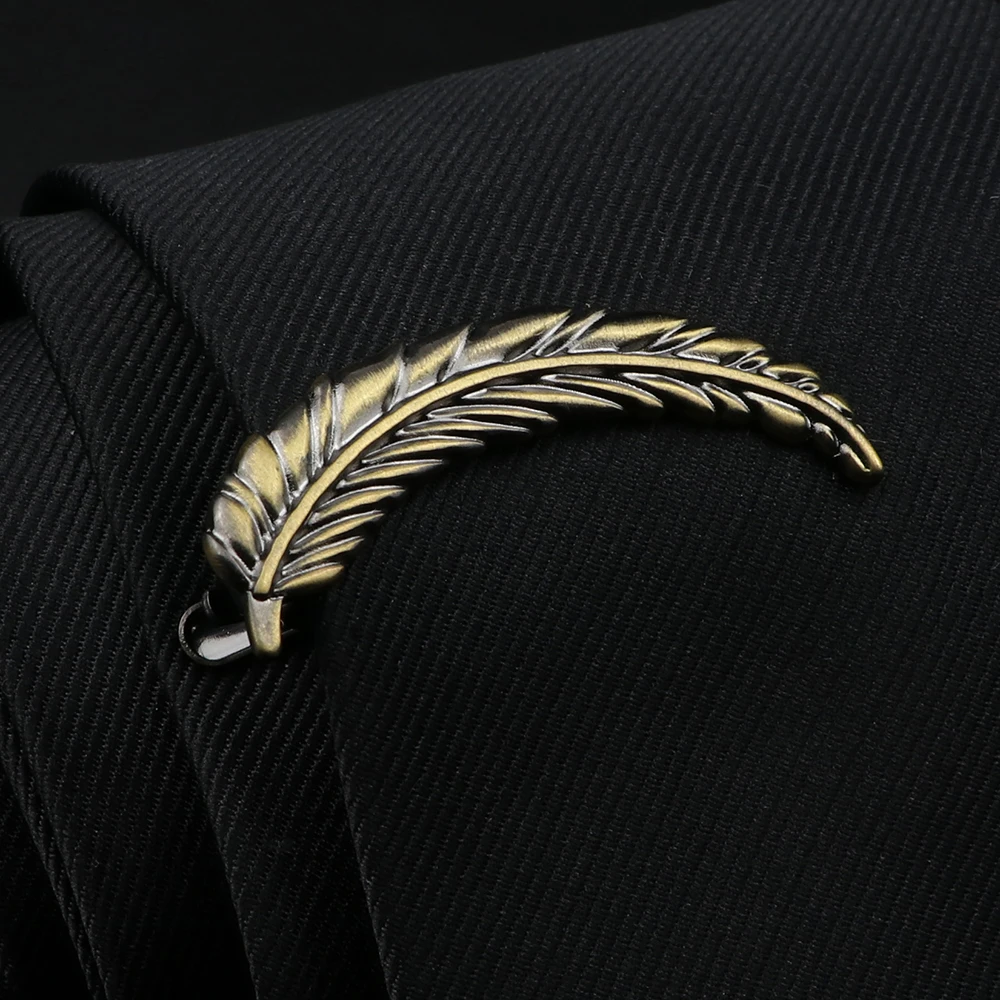 Clip de Metal con forma de pluma para hombre, pluma de Color dorado y plateado, para corbata, Pin, corbata de boda, regalo de joyería