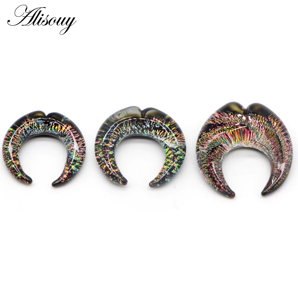 Alisouy 2pcs Crescent Moon Buffalo Horns Shape Colored Glass Women Men Ear Expander Plug 6/8/10mm Earrings Piercing Body Jewelry