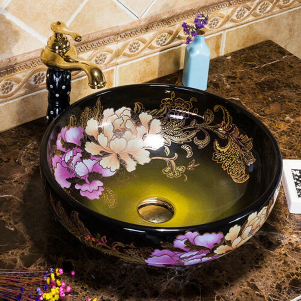 JIENI Peony Flower Art Black Round Ceramic Bathroom Basin Vessel Sink Mixer Faucet w/ Pop-up Drain Ceramic Bowl Basin Faucet Set