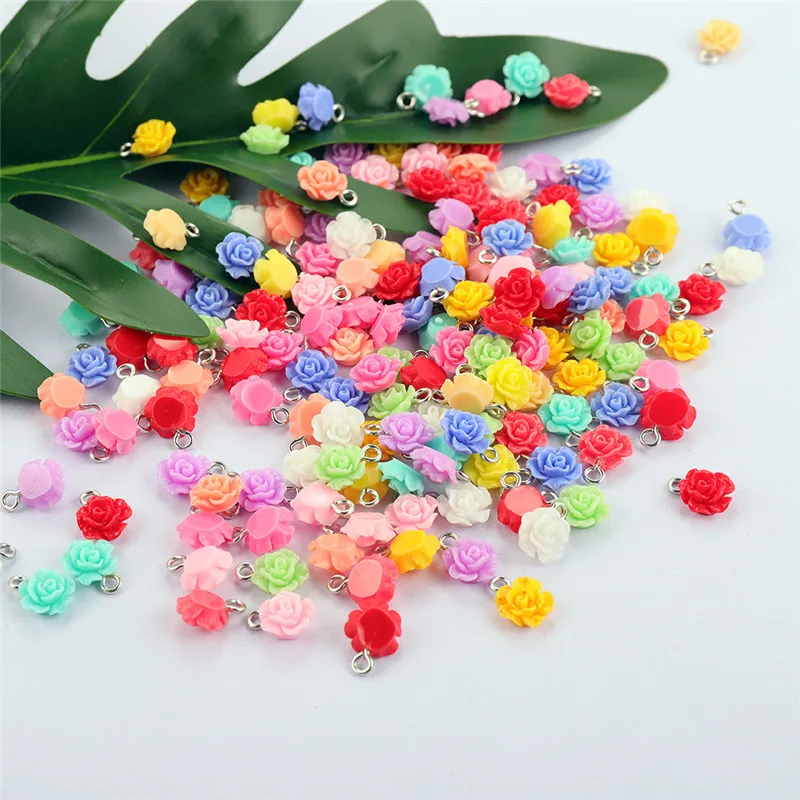 50pcs/lot Mixed Color Resin Rose Flower Charms Pendants DIY Bracelet Keychain For Jewelry Making Accessories Gift