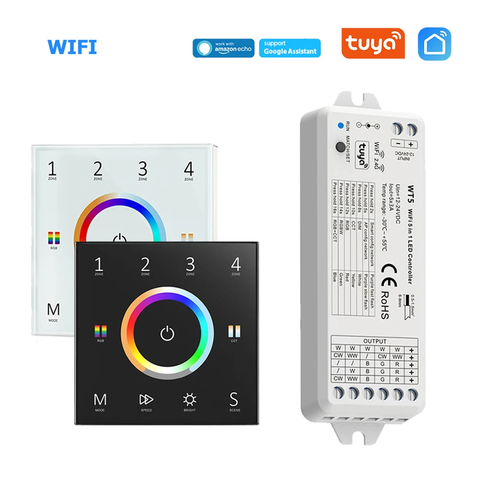 

WiFi RGB+CCT Led Controller DC12V 24V RGB+C+W Strip Dimmable Wall Mounted Touch Panel Control Tuya APP Echo Plus Voice Control