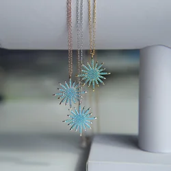 Genuine 925 Sterling Silver Jewelry PAVE blue turquoises star norht star sun burst pendant Luxury stone women pendant necklace