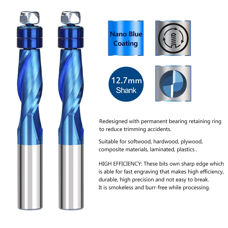 XCAN Router Bit Two Flute Flush Trim Wood Milling Cutter UP Cut Mill with Bearing 1/4 1/2 Shank Spiral End Mill