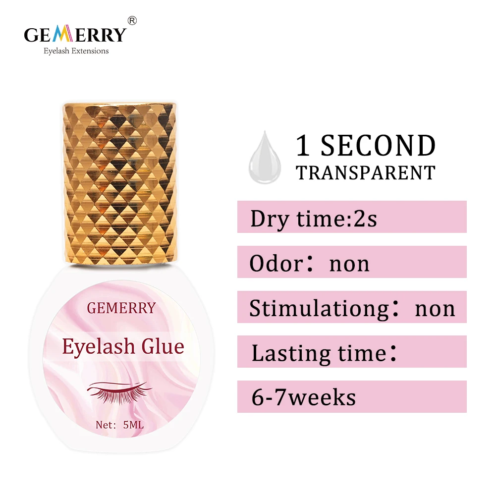 GEMERRY 5ml Eyelash Extensions Clear Glue 1-2s Fast Drying Eyelashes Glue Lash Glue Transparent Adhesive Retention Long Lasting