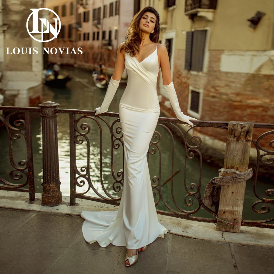 LOUIS NOVIAS Mermaid Wedding Dress Sexy Simple Backless Bridal Gown Spaghetti Straps Satin V-Neck Bride Dresses Vestido De Novia